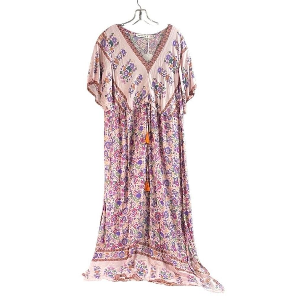 Pink Floral Maxi Dress with Tassel Tie